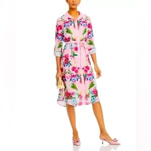 T Tahari Floral Belted Midi Dress Rose Pink XS